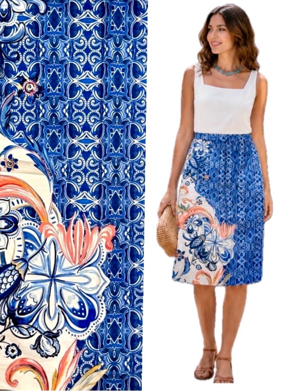 Moulinette Soeurs/ Anthropologie, Blue and Orange Midi Skirt, Size 10